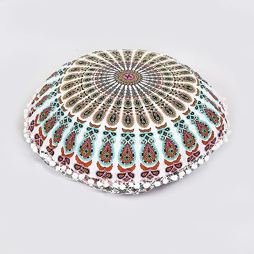 22" Round Mandala Ottoman Cover - Pink-Mustard-Green Floor Cushion