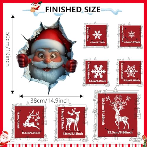 Christmas Window Clings Double Sided 3D Santa Reindeer Snowflake Vinyl Decals - Red White