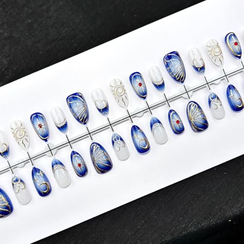 3D Blue Press On Nails Medium Almond with Rhinestones & Gold Designs 30Pcs
