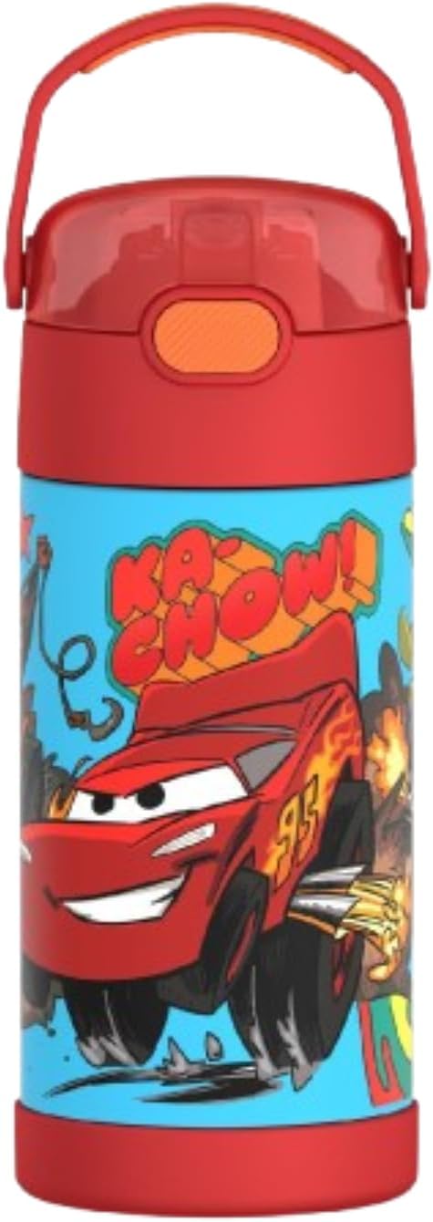 THERMOS FUNTAINER Water Bottle - 12 Ounce Kids Stainless Steel Vacuum Insulated with Straw | Cars Design