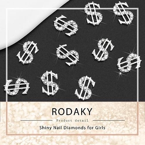 RODAKY 10PCS Silver Dollar Sign Nail Charms 3D Rhinestone Gems