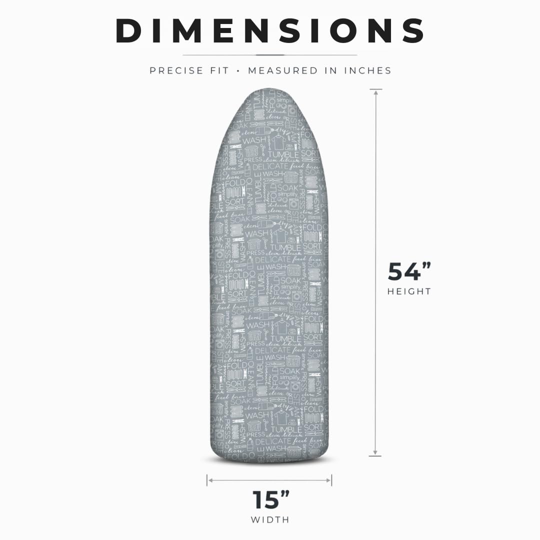 Laundry 360 Ironing Board Cover with Pad Grey Color | Elastic Edge Hook Loop Fasteners | Scorch Resistant Cotton Surface | Complete Replacement Set