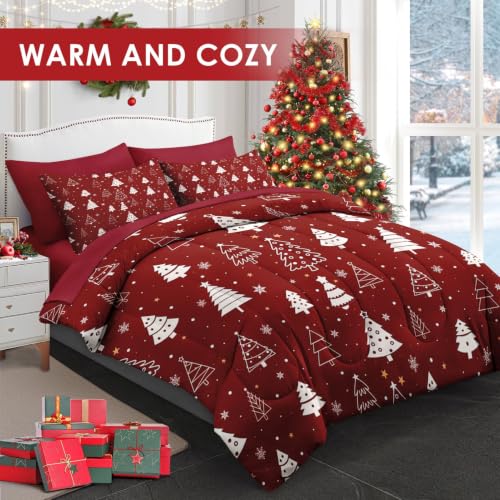 WeCozy King Christmas Tree Comforter Set with Sheets - Red Bedding, 7 Piece