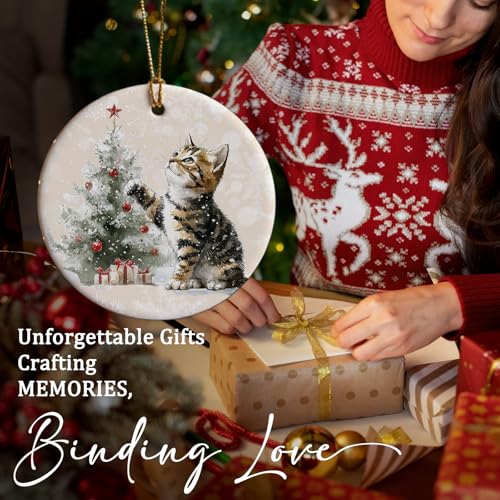 Christmas Cat Tree Ornament - Ceramic Round Hanging Keepsake - Cat Variation