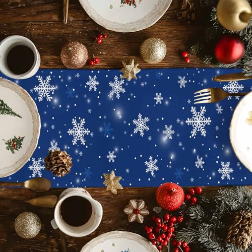 Navy Blue Christmas Table Runner 13x72 Inches - Snowflake Tree Decor, Farmhouse Linen Blend