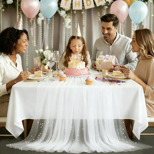 White Pearl Tulle Table Runner 10 ft Set for Weddings & Events