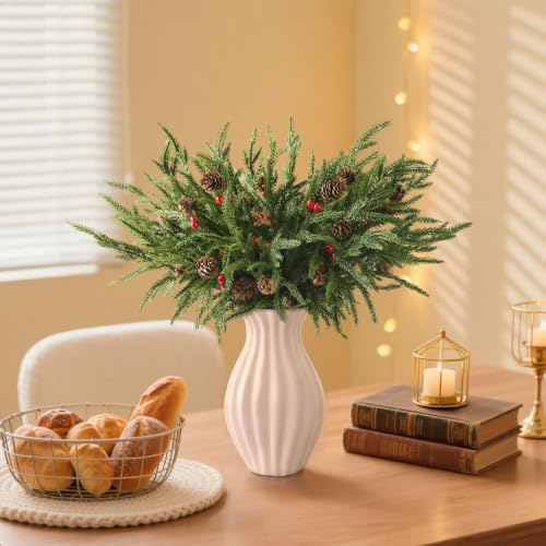 Christmas Norfolk Pine Stems with Pinecones and Red Berries - Dark Green, 12 Pack