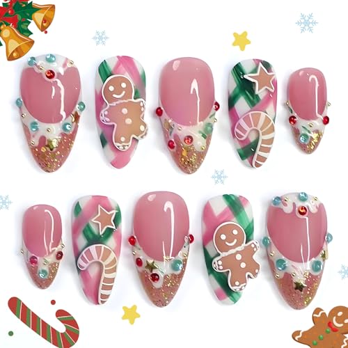 HOSAILY Pink Christmas Press on Nails Short Almond False Nails 30Pcs