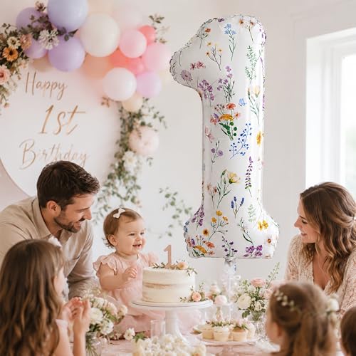 40-Inch Floral Number 1 Balloon for Baby Girl's 1st Birthday