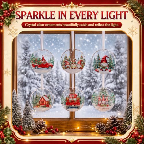 Crystal Glass Christmas Ornament Set - Gnomes, 6 Pack Holiday Decorations
