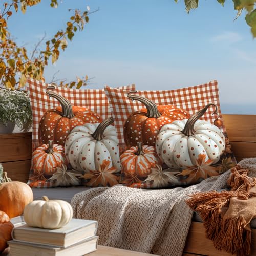 HOMETITUTE Fall Pumpkin Plaid Throw Pillow Covers 18x18 Inch - Set of 2, Autumn Thanksgiving Decor, Variation #04