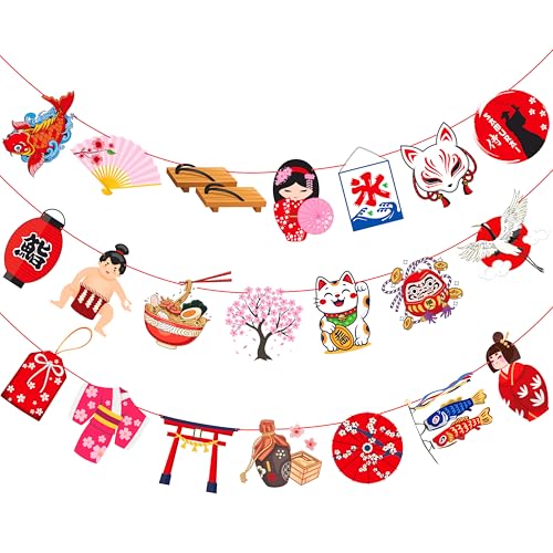 Japanese Themed Party Banner Set - 3 Pre-Strung Sakura & Kitsune Decorations
