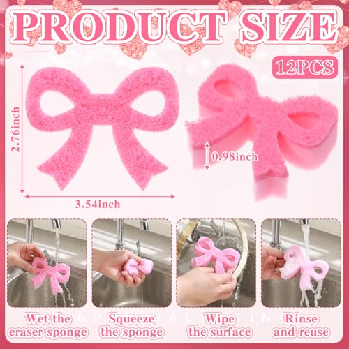 Pink Bow Dish Sponge Set - Dual-Sided Kitchen Cleaning Sponges, 12 Pack, Classic Bow / Pink