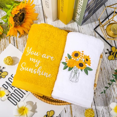 Embroidered Sunflower Hand Towels Set - 2 Cotton Towels for Home