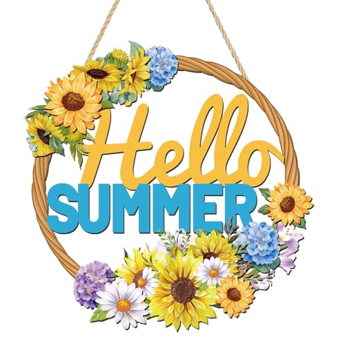 Hello Summer Sunflower Wooden Hanging Sign for Front Door Decor