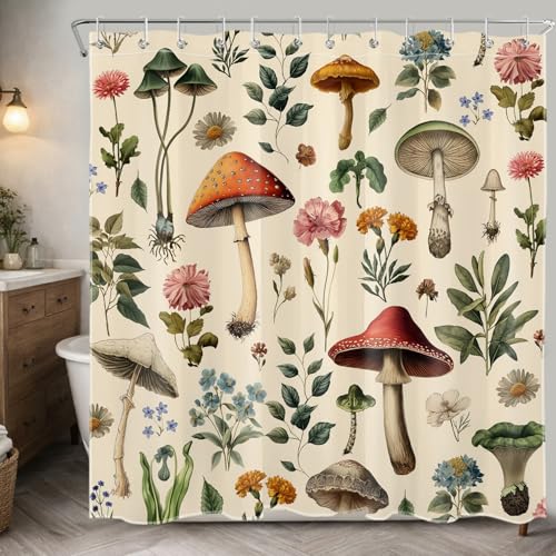 MASLEK Vintage Mushroom Floral Shower Curtain, 72x72 Inch Beige Botanical