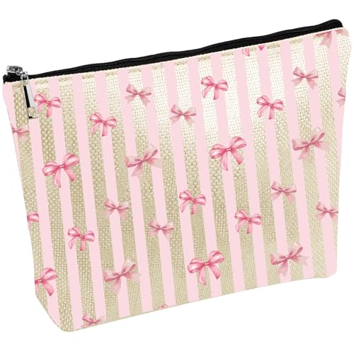 Pink Bow Makeup Bag Coquette Canvas Cosmetic Pouch Travel Organizer
