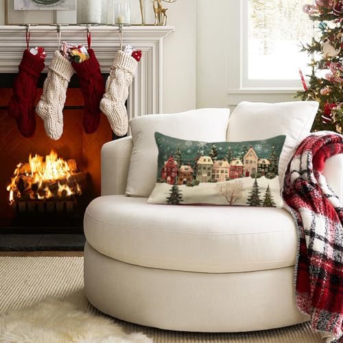 Outdoor Christmas Pillow Cover 12x20 Waterproof Forest House Decor - Green