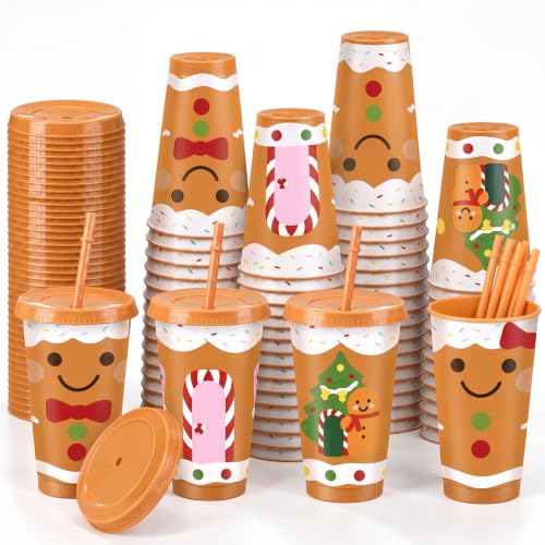 24 oz Christmas Cups with Lids & Straws - Gingerbread Style, 24 Pieces