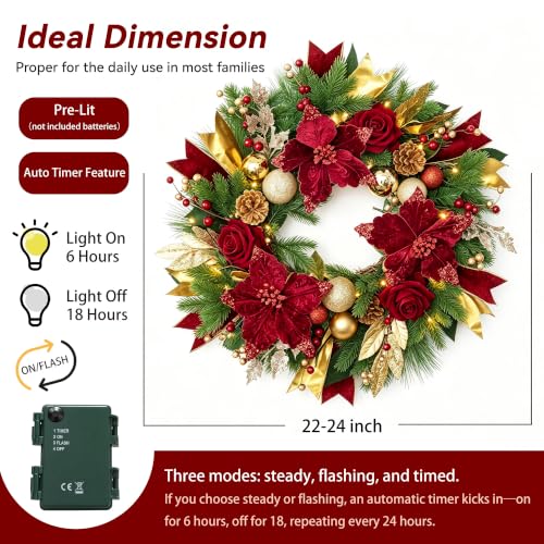 Red 24 Inch Christmas Wreath with Lights for Front Door
