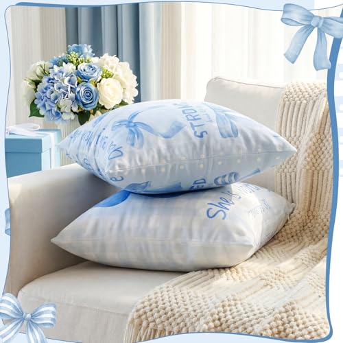 Christian Pillow Covers 18x18 - Blue Bow Bible Verse Decor