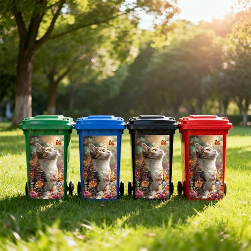 Cat and Butterfly Trash Can Sticker - 15x32 Inch PVC Decal