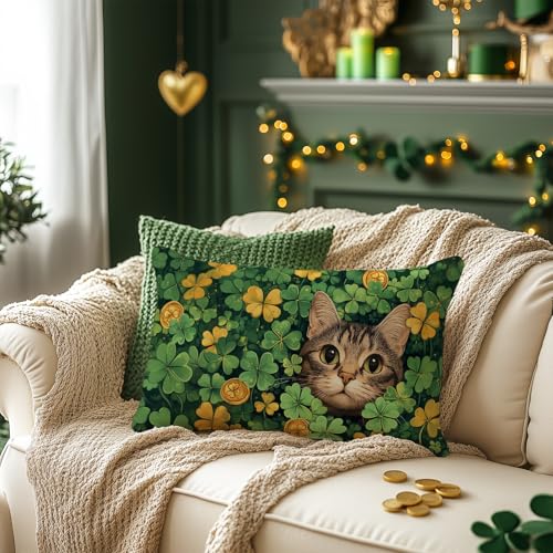 St. Patrick's Day Pillow Cover 12x20 Inch - Shamrock Cat Design