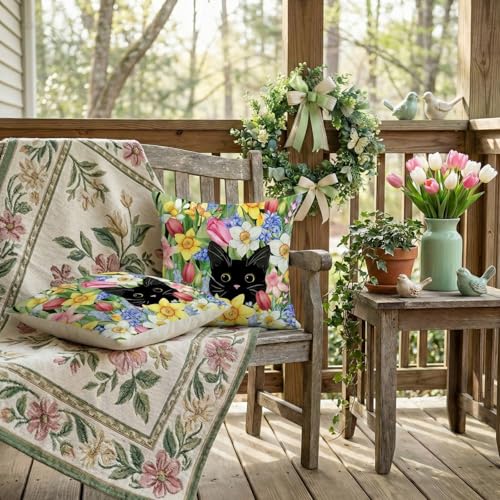 Spring Cat Floral Throw Pillow Covers, 18x18 Inch, Set of 2 Farmhouse Decor