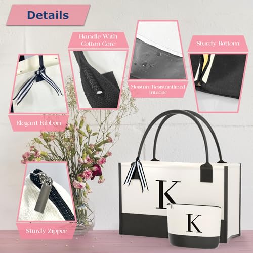 Monogrammed Canvas Tote Bag with Zipper Pockets - Perfect Gift