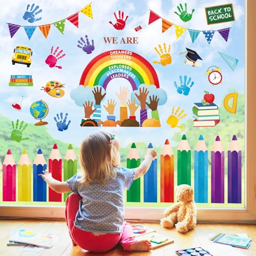 Decalmile Reusable Window Clings - Rainbow Pencils Decor for Kids