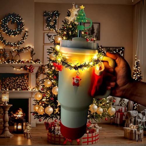 12Pcs Christmas Stanley Cup Accessories Set Including Light Up Christmas Garland, Straw Toppers, Silicone Boot, Water Bottle Charm for Stanley Tumbler 40oz&30oz