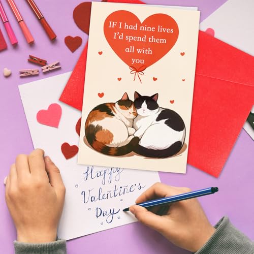 Valentine's Cat Greeting Card with Red Envelope - 8x5.3 inches
