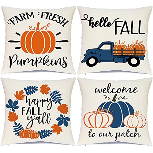 Ueerdand Fall Throw Pillow Covers, 18x18 Inch Farmhouse Pumpkin Case, Set of 4