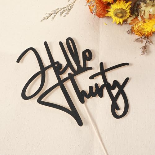 Hello Thirty Cake Topper - Black Glitter 30th Birthday Decoration