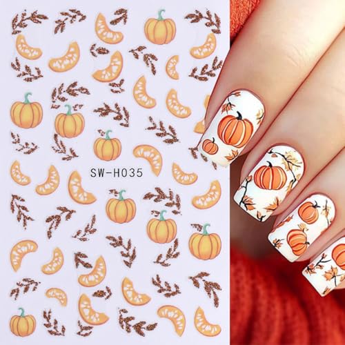 Fall Nail Stickers 4 Sheets 3D Self-Adhesive Maple Leaf Pumpkin Decals