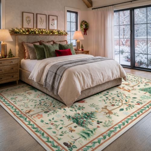 LIVEBOX 8x10 Christmas Area Rug - Neutral Beige Holiday Carpet with Reindeer and Forest Scene