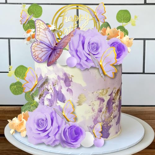 Purple Flower Butterfly Cake Toppers for Birthday & Wedding