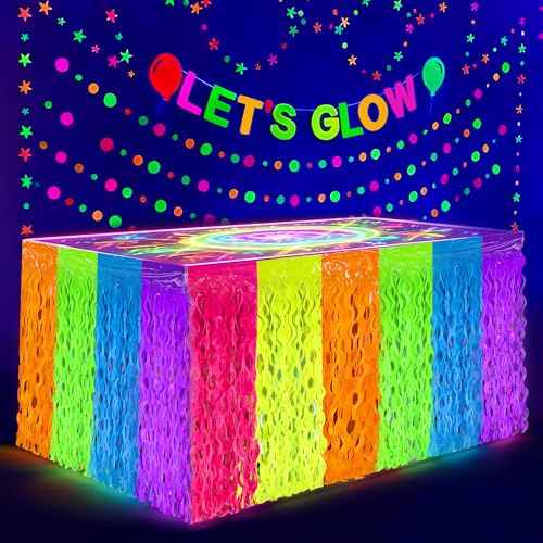2 Pack Glow in the Dark Neon Tinsel Table Skirts - 108 x 29.5 Inch Party Decor