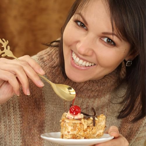 6 Inch Christmas Elk Deer Stainless Steel Dessert Spoons - Gold Set of 6