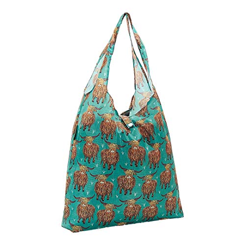 ECO CHIC Foldable Reusable Grocery Bag Highland Cow Teal Lightweight Waterproof Tote
