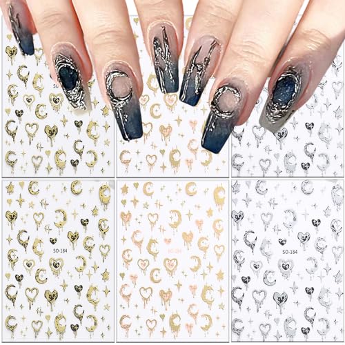 Gold & Silver Heart Moon Star Nail Stickers 3D Self-Adhesive Decals