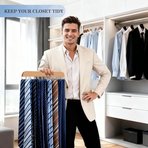 Wooden Tie and Belt Organizer Hanger with 20 Rotating Foldable Hooks