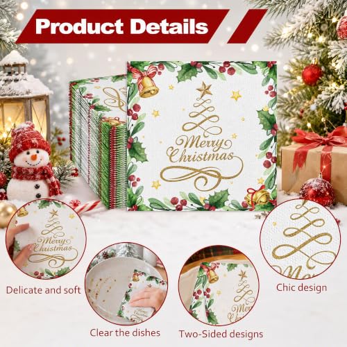 Merry Christmas 50 Pack Disposable Paper Napkins - Gold Bells & Holly Decor
