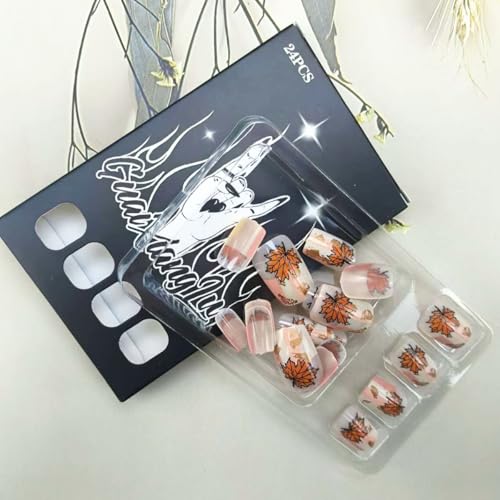 Fall Press on Nails Short Square False Nails Maple Leaf Gold Leaf Acrylic Nails 24Pcs