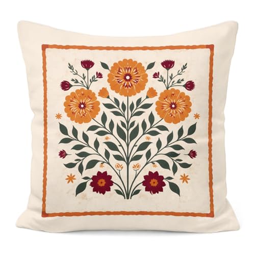 Orange Floral Throw Pillow Cover, 18x18 Boho Botanical Cushion Case