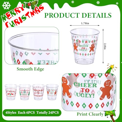 24 Pcs Christmas Shot Glasses Set - Disposable Plastic Cups with Holiday Designs