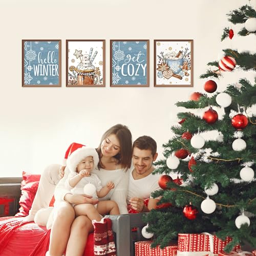 Christmas Winter Gingerbread Man Snowman Wall Decor Posters - Blue Variation, Set of 4, 8x10 Inch
