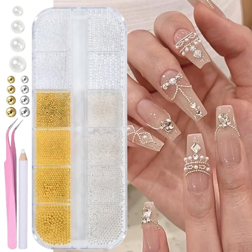 MOLILON 12-Grid Nail Art Charms Set with Pearls, Metal Beads, Tweezers & Pen