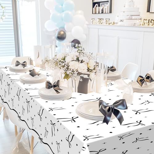 Avezano 3-Piece Black Bow Tablecloth Set, 108x54 Inch - Elegant Party Decor