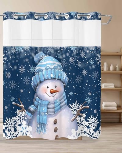 Blue Christmas Shower Curtain with Snap-in Liner - 66x72 Inches - Snowman Winter Design